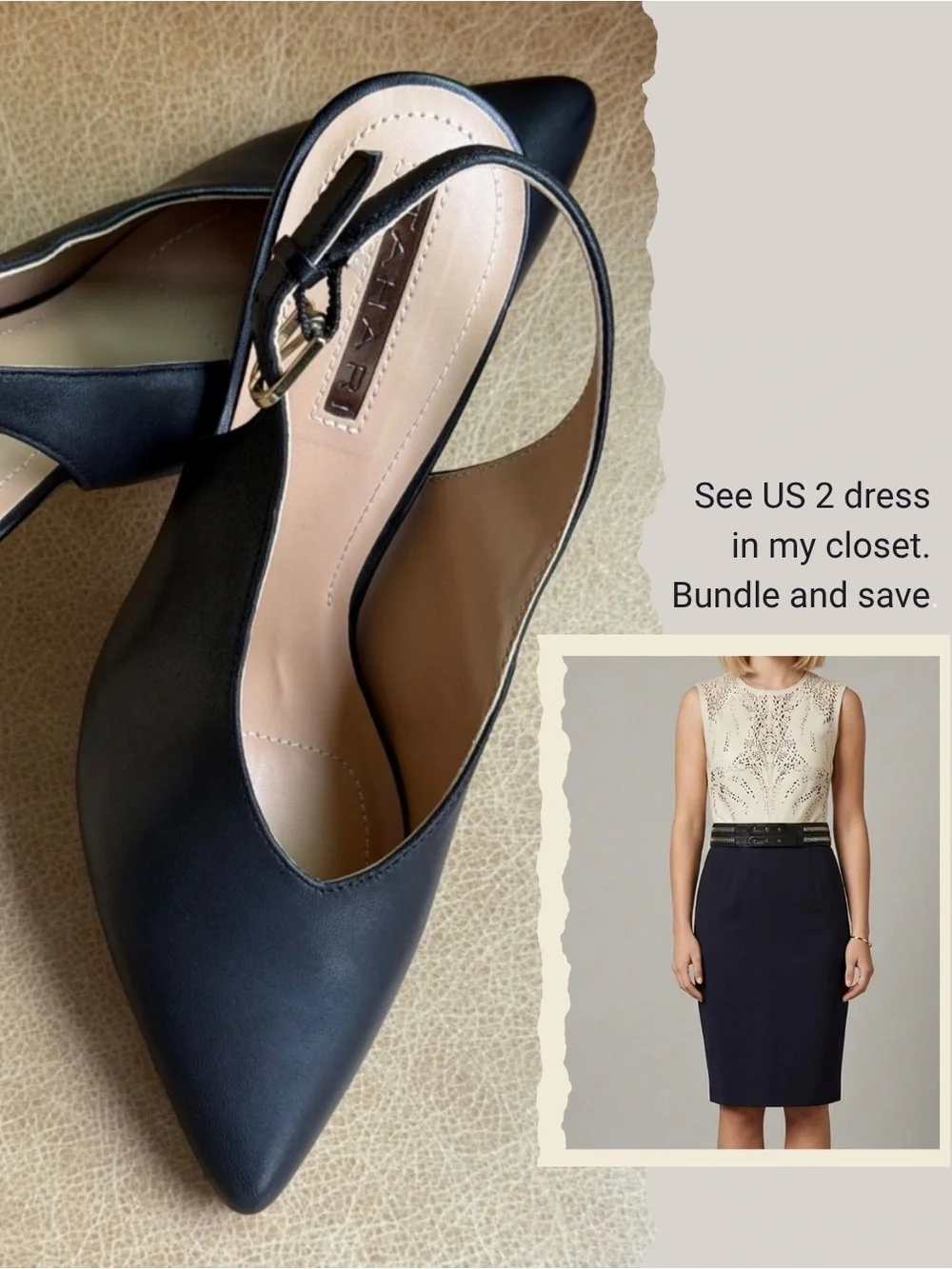 Tahari Black Leather Pointed Slingback Heels - Size 7M